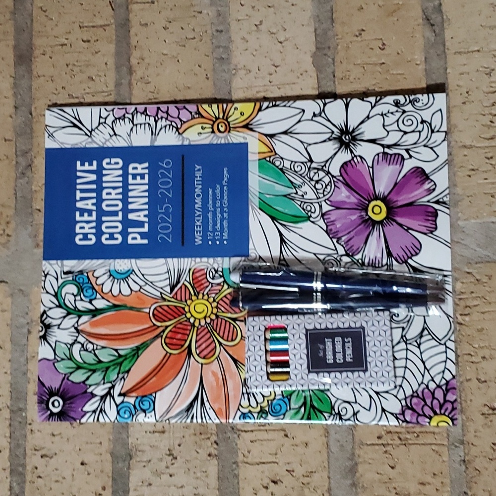 Creative Coloring Planner 2025 - 2026 with 6 Bright Colored Pencils and 2 Pens